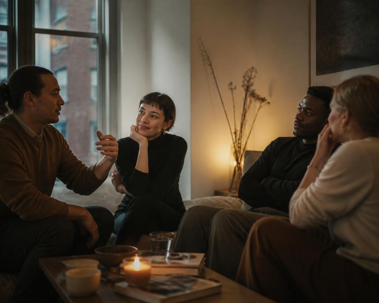 Four adults talking on low couches in a softly lit living room in the early evening, one mid gesture while the others listen