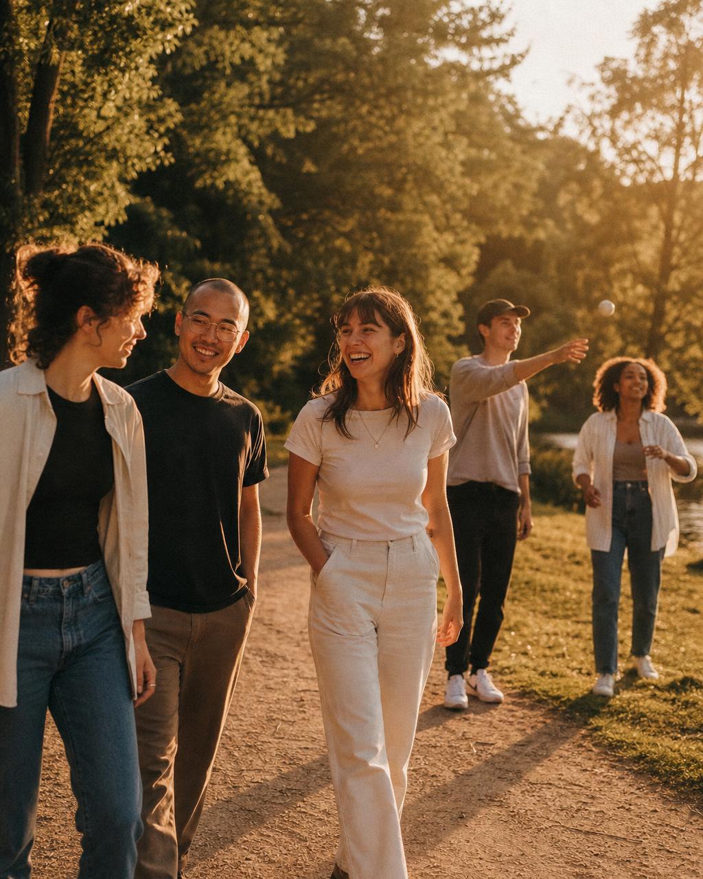 Five adults walking and laughing together on a park path in late afternoon light, one casually tossing a ball