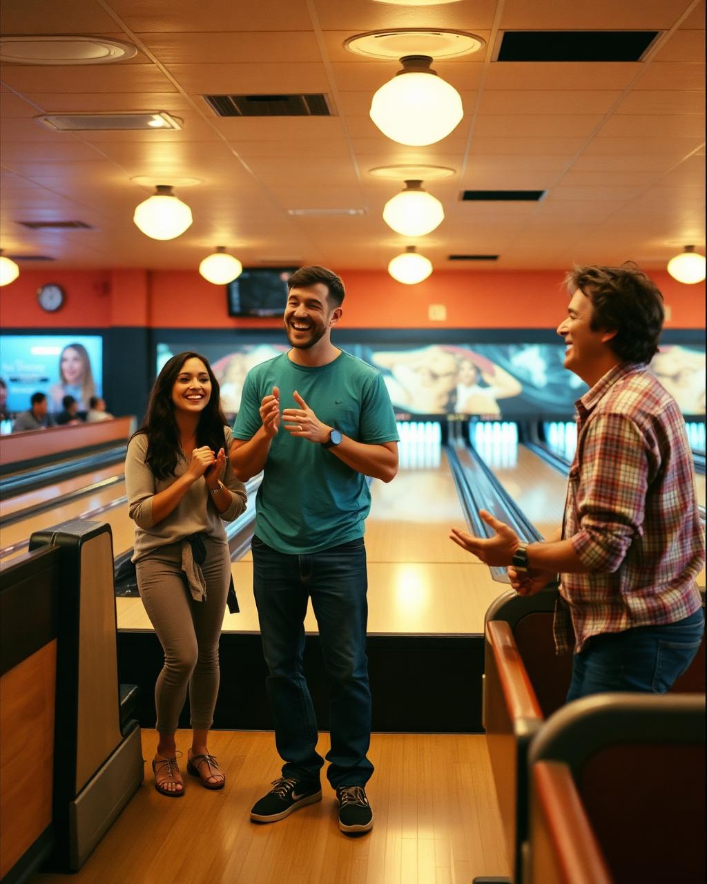Three friends laughing together at a warm, retro bowling alley between turns