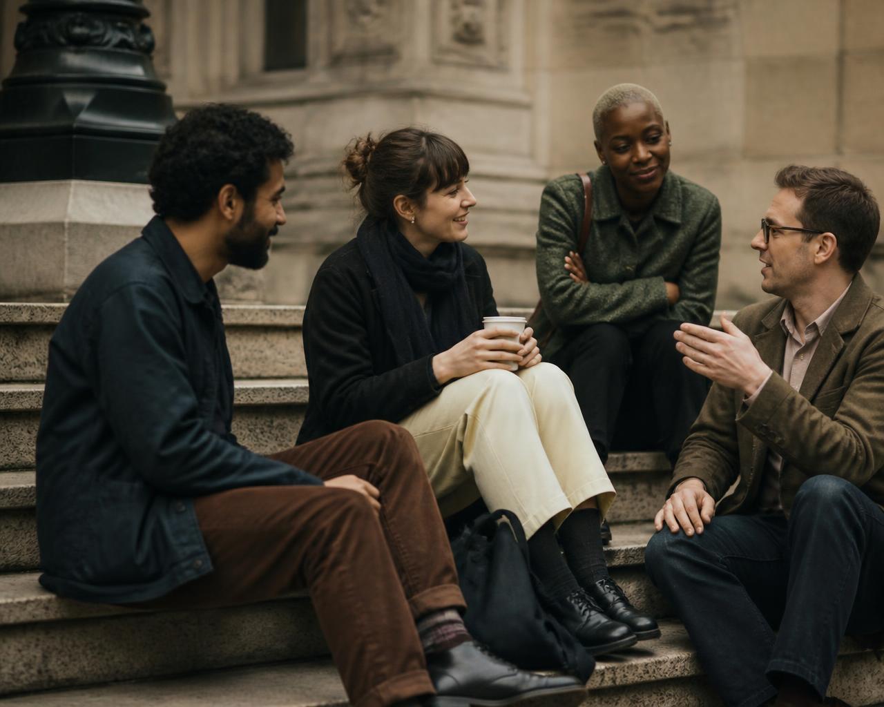 Four adults sitting on wide stone steps outside a city building on an overcast afternoon, talking easily over takeaway coffee