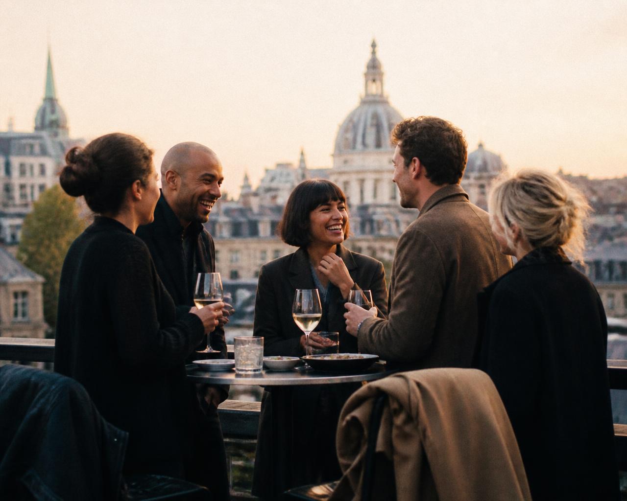 Five adults standing around a high table on a city terrace at golden hour, drinks in hand and mid laugh