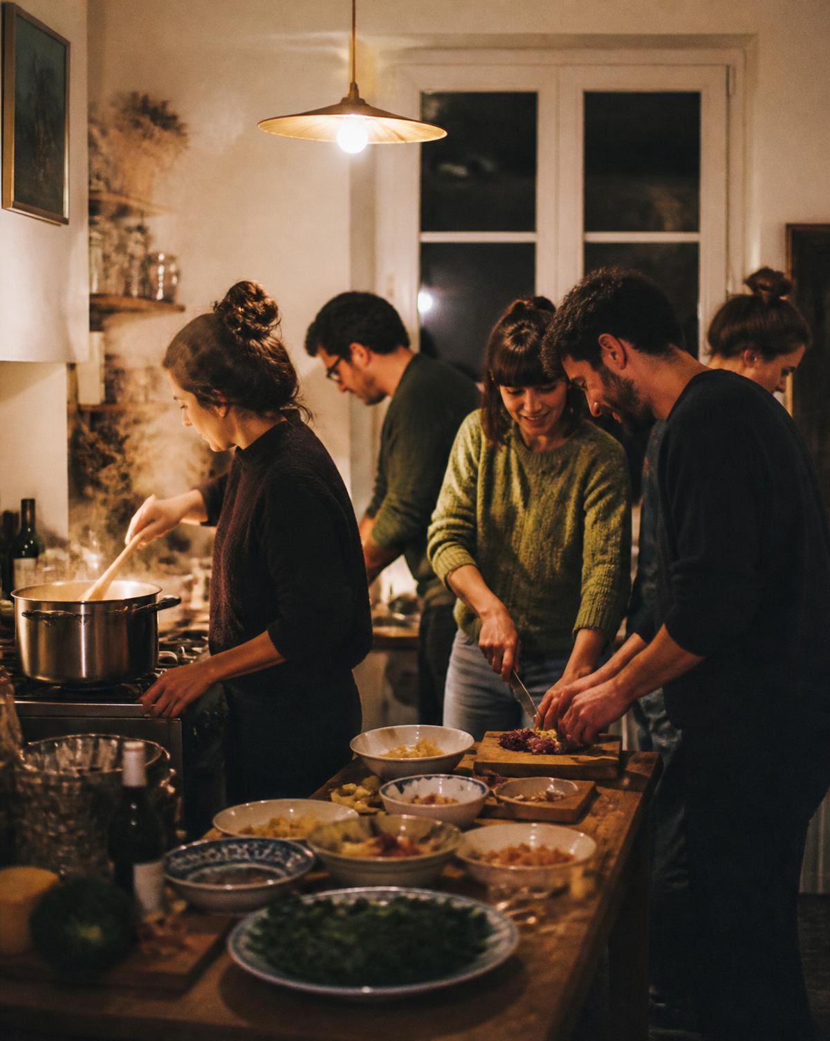 Five adults cooking together in a home kitchen, chopping and stirring side by side