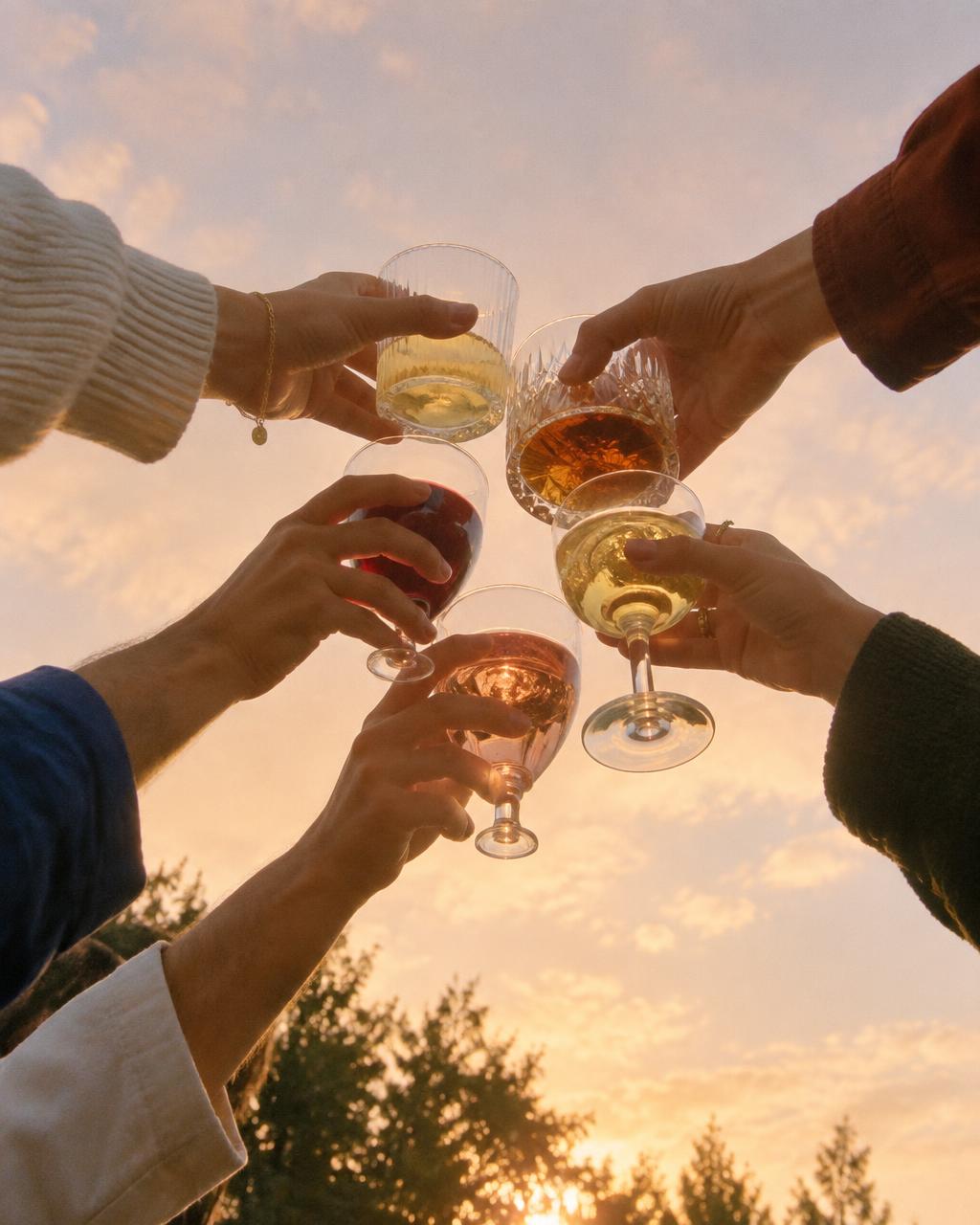 Friends raising glasses together in warm golden-hour light