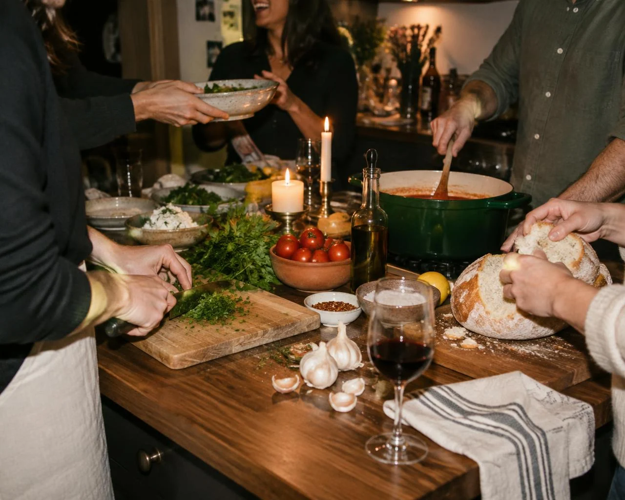 Hands of friends cooking together on a candlelit wooden kitchen island, passing bowls and chopping herbs
